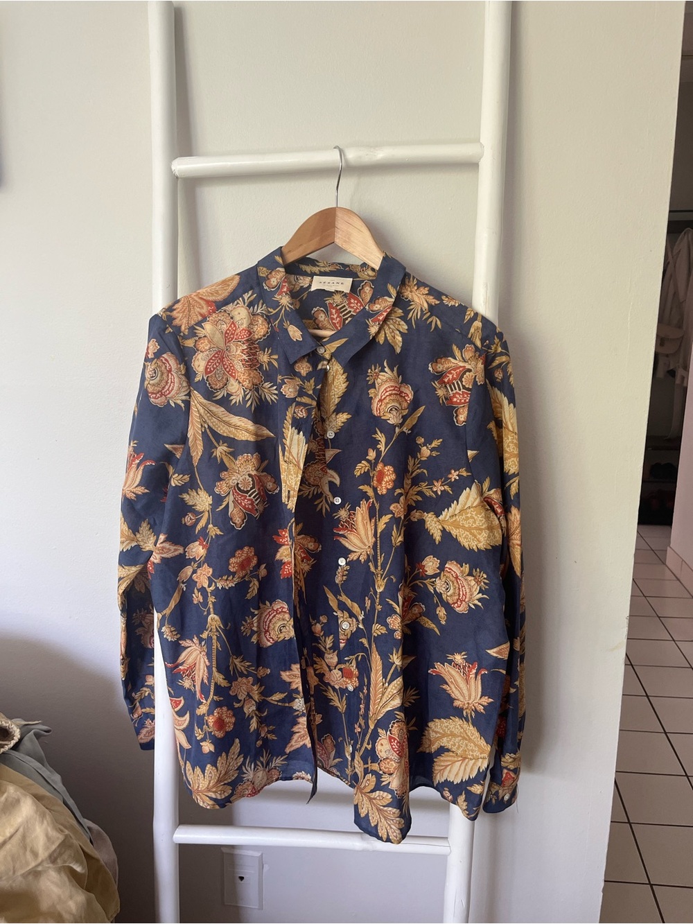 Sezane Navy Floral Button-Front Blouse with Gold and Rust Accents